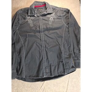 Ring of Fire Mens XL Black Button Down Shirt Cross Embroidered Contrast Stitch